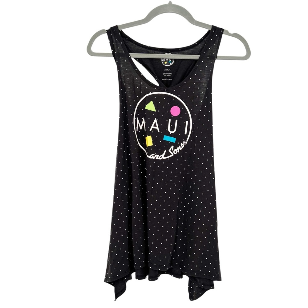 Maui and Sons Black Asymmetrical Sleeveless Polka Dot 80sTank Top